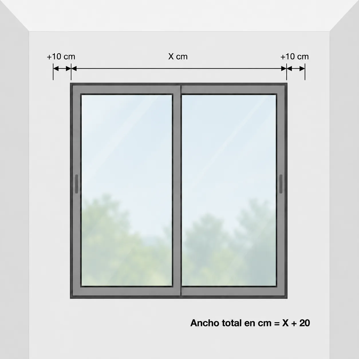 Esquema: ventana con espacio libre a ambos lados, ancho total igual a X más 20 centímetros