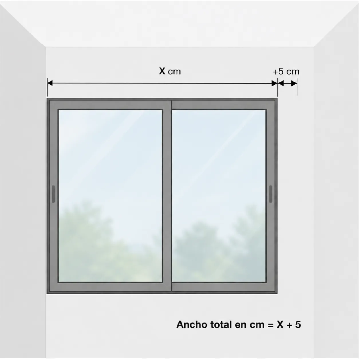 Esquema: ventana con espacio libre solo en un lado, ancho total igual a X más 5 centímetros