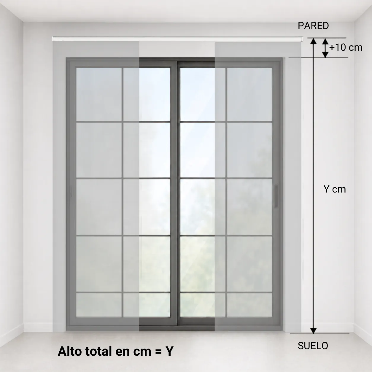 Esquema: cálculo del alto para instalación a la pared, 10 centímetros por encima del marco, alto total igual a Y más 10 centímetros