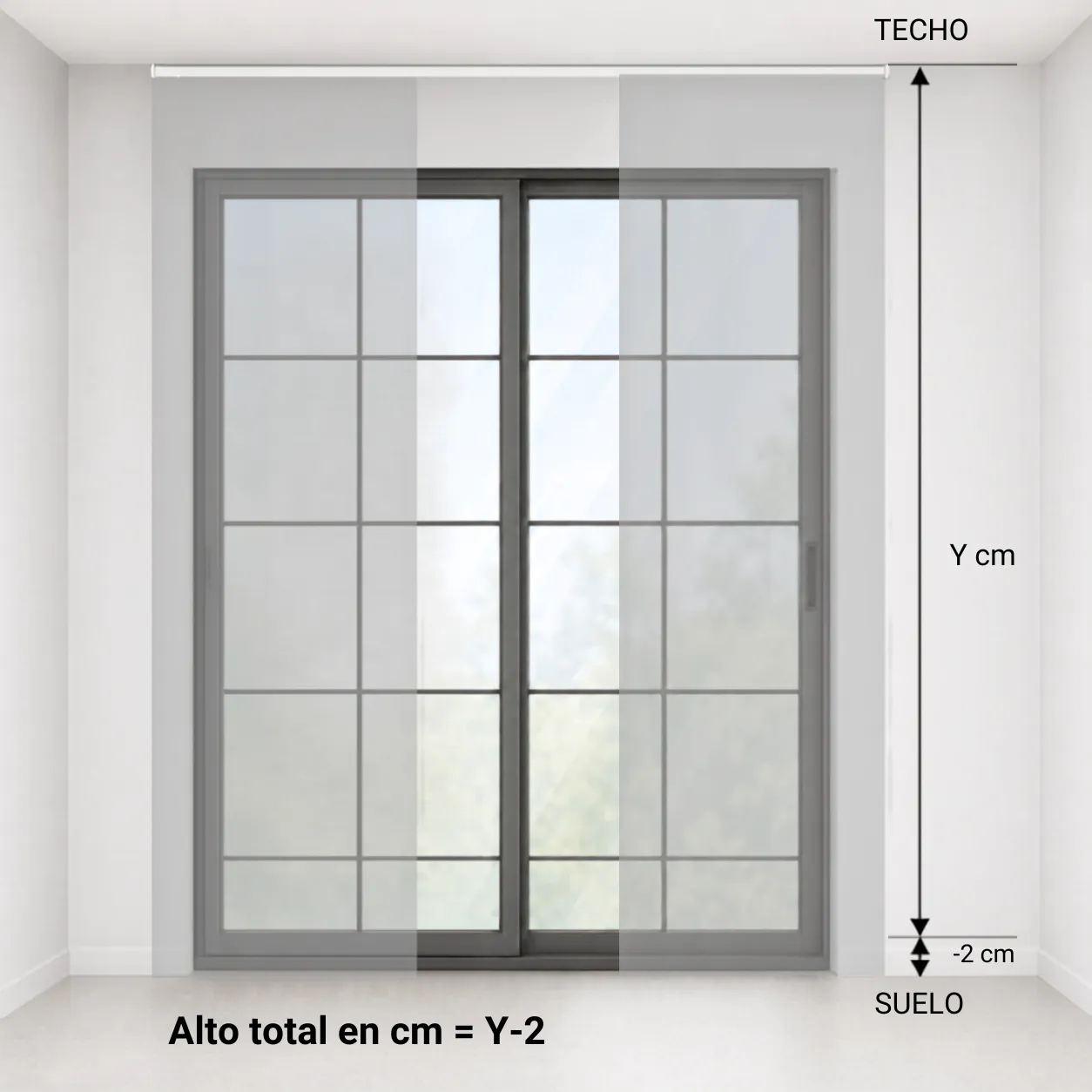 Esquema: cálculo del alto para instalación al techo, 2 centímetros de margen respecto al suelo, alto total igual a Y menos 2 centímetros