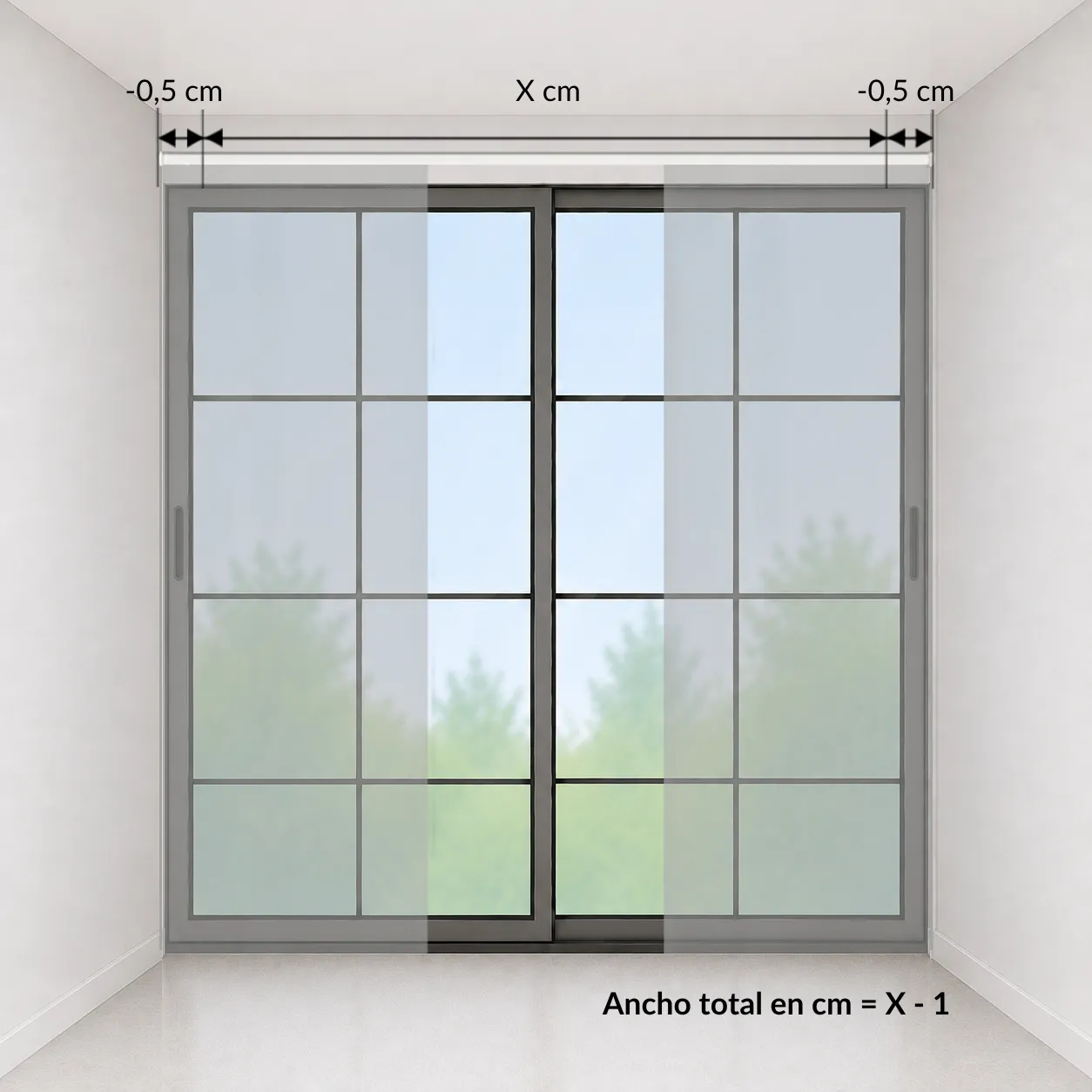 Esquema: ventana encajada entre paredes con 0,5 centímetros de holgura a cada lado, ancho total igual a X menos 1 centímetro