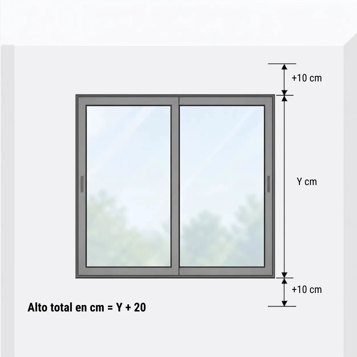 Esquema: cálculo del alto para instalación a pared o dentro del hueco, alto total igual a Y más 20 centímetros