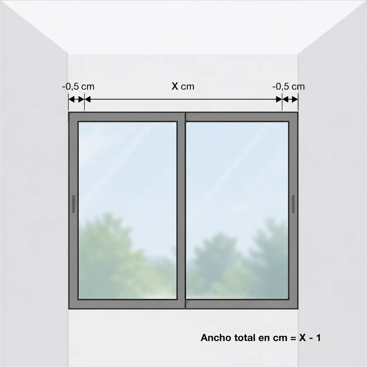 Esquema: ventana encajada entre dos paredes, ancho total igual a X menos 1 centímetro