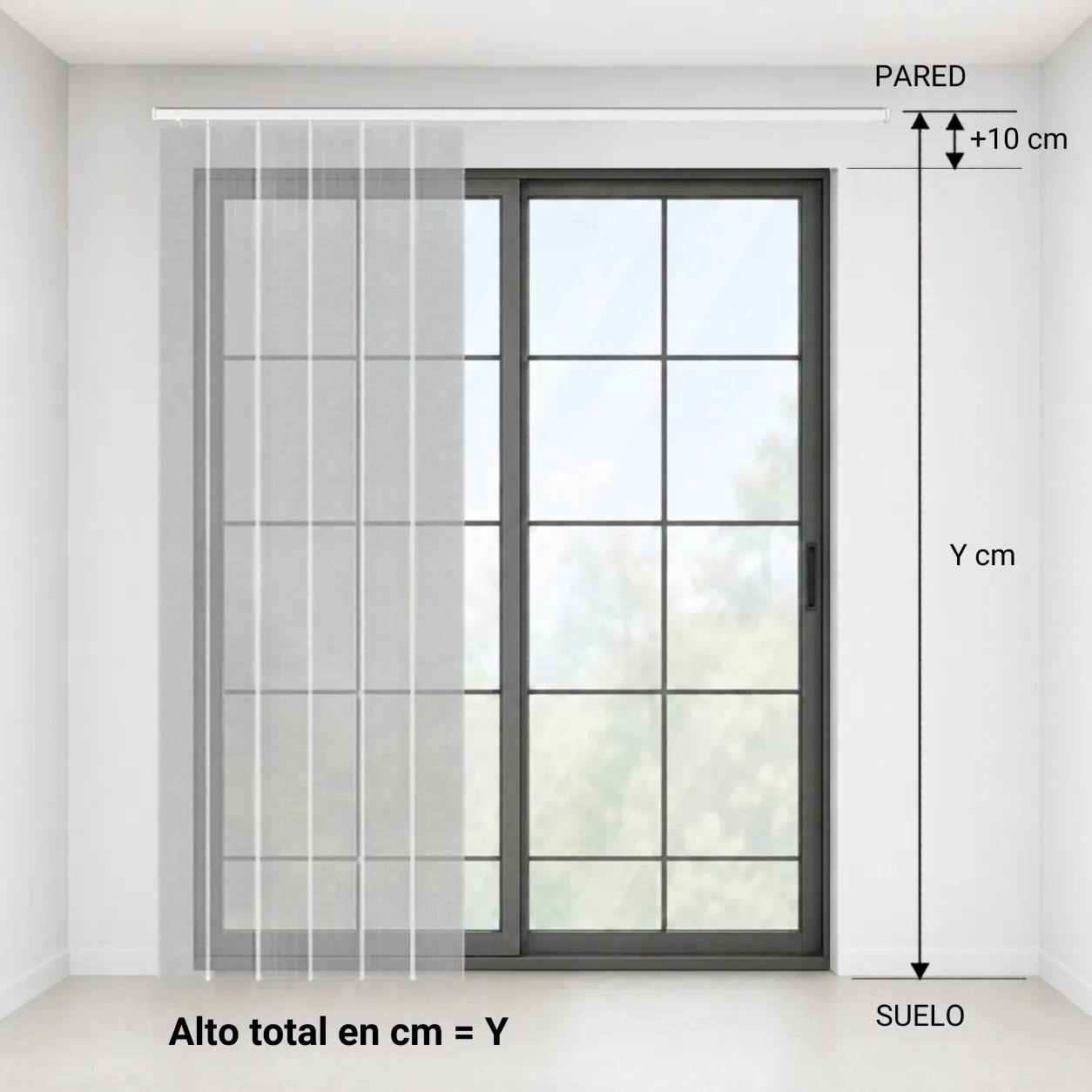 Esquema: cálculo del alto para instalación a la pared, 10 centímetros por encima del marco, alto total igual a Y más 10 centímetros