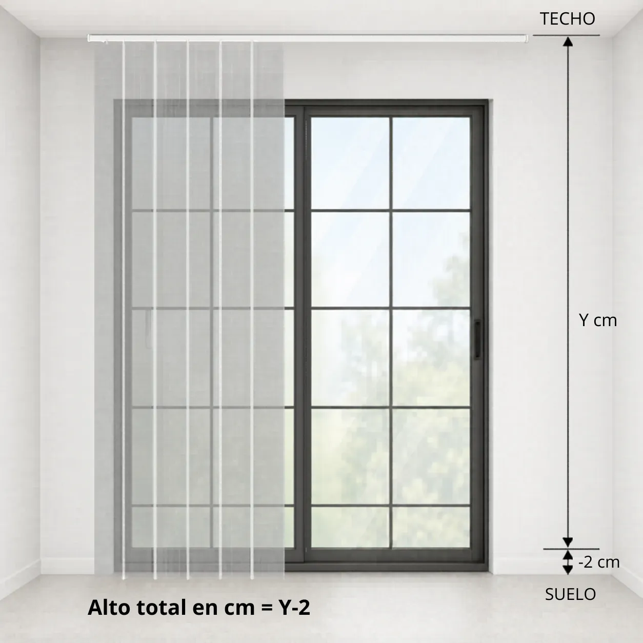 Esquema: cálculo del alto para instalación al techo, 2 centímetros de margen respecto al suelo, alto total igual a Y menos 2 centímetros