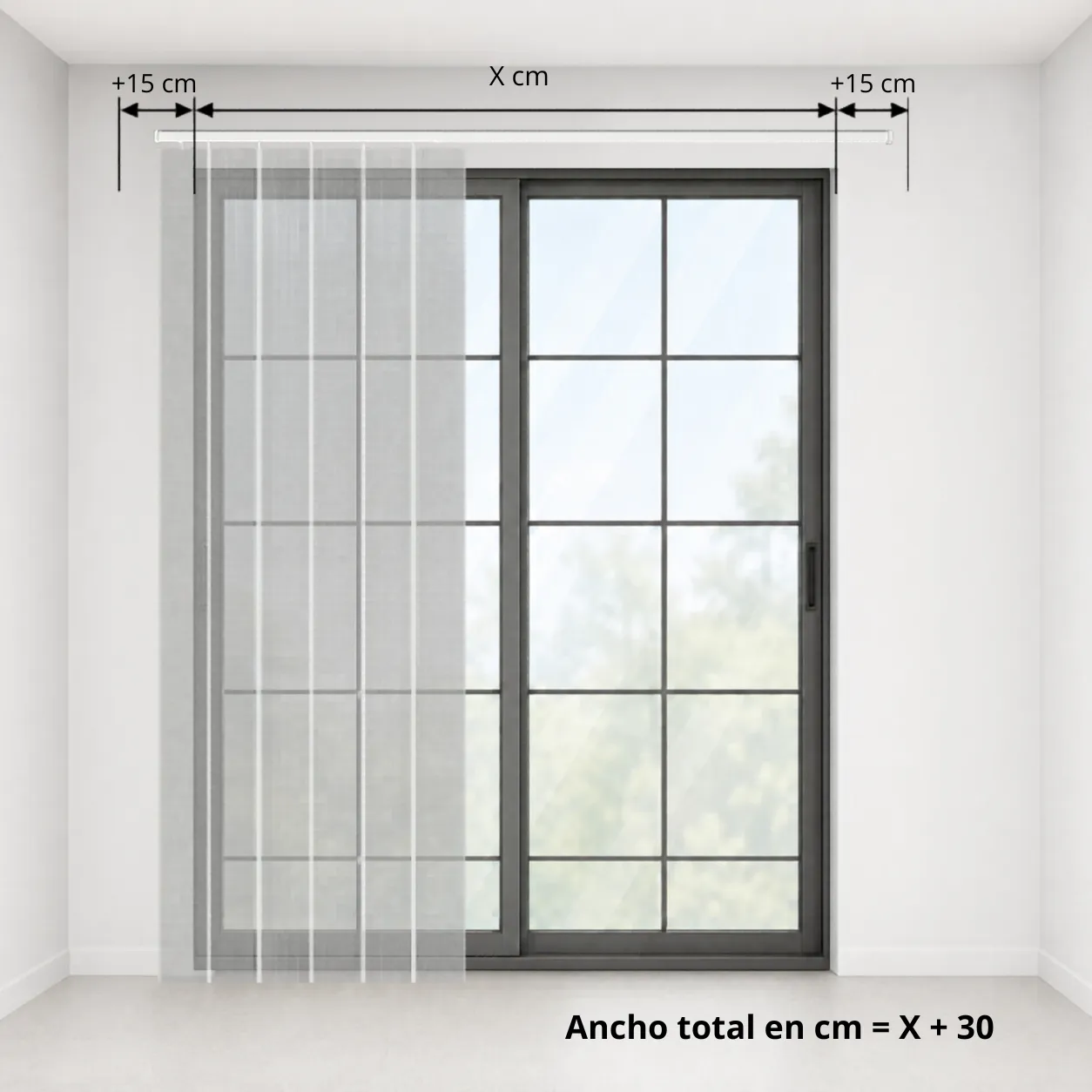 Esquema: cortina vertical cubriendo toda la ventana con 15 centímetros de margen a cada lado, ancho total igual a X más 30 centímetros