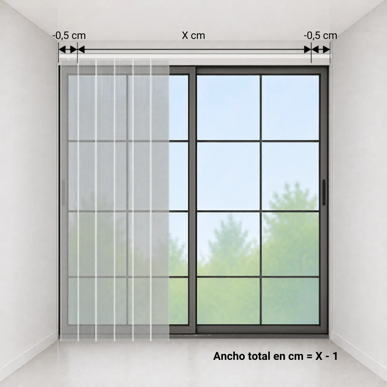 Esquema: ventana encajada entre paredes con 0,5 centímetros de holgura a cada lado, ancho total igual a X menos 1 centímetro
