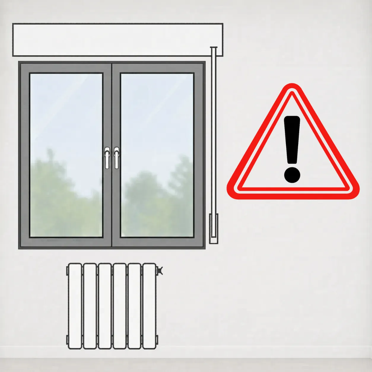 Esquema: comprobar obstáculos delante de la ventana como radiador o manilla antes de instalar la cortina vertical