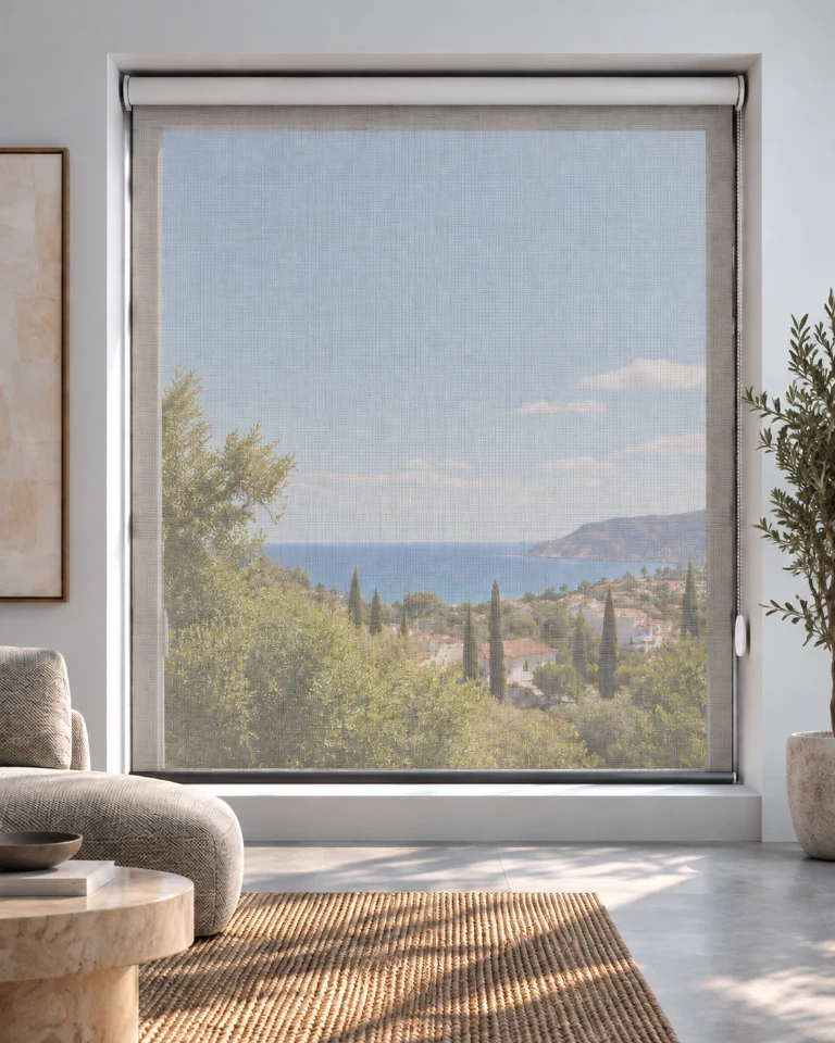 El mismo salón con un estor Screen 10% bajado: el paisaje exterior se ve con claridad