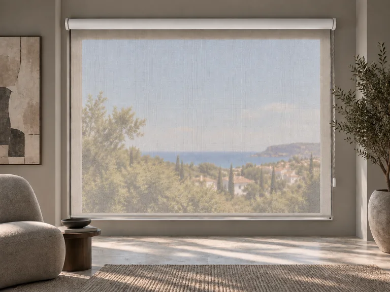 Estor enrollable de tejido Screen bajado en un salón: se ve el paisaje exterior a través del tejido