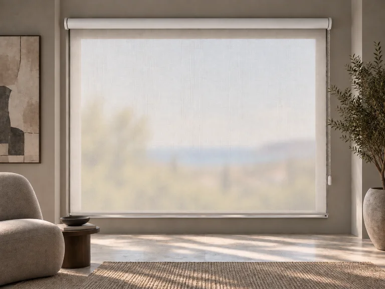 El mismo salón con un estor translúcido bajado: luz difusa, sin vista nítida del exterior