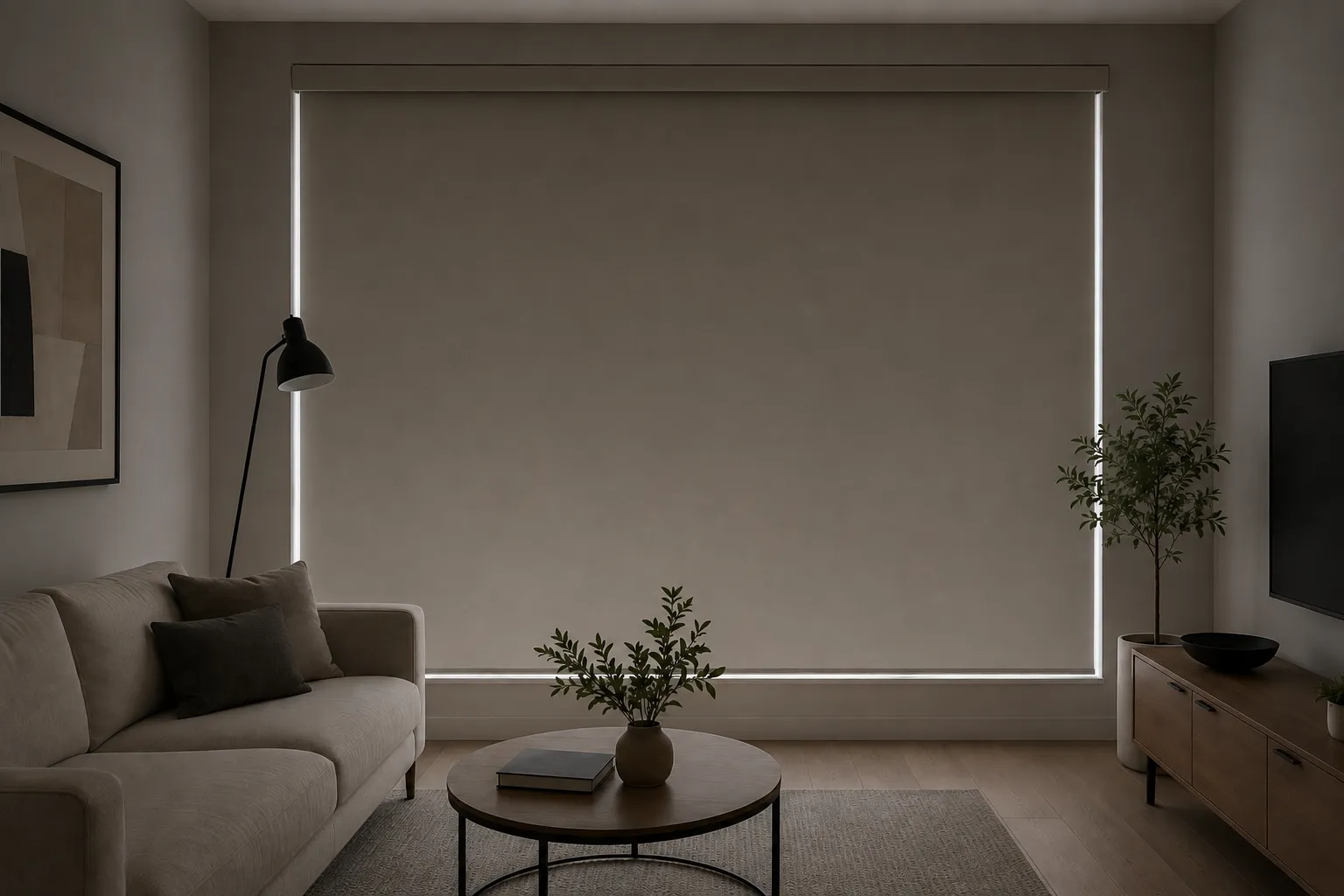 Salón en penumbra con estor enrollable opaco a medida