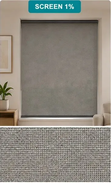 Salón con estor Screen 1%, tejido más cerrado, vista exterior muy reducida