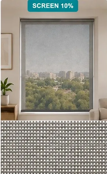Salón con estor Screen 10%, tejido más abierto, vista exterior amplia