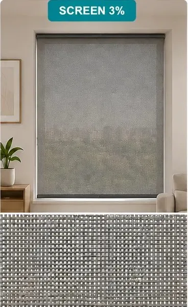 Salón con estor Screen 3%, tejido cerrado, vista exterior reducida