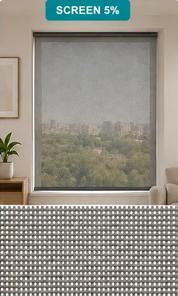 Salón con estor Screen 5%, tejido equilibrado, vista exterior media