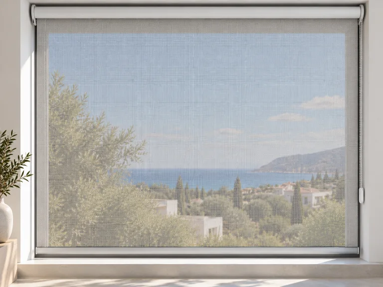 Estor enrollable de tejido Screen bajado: deja ver el paisaje exterior