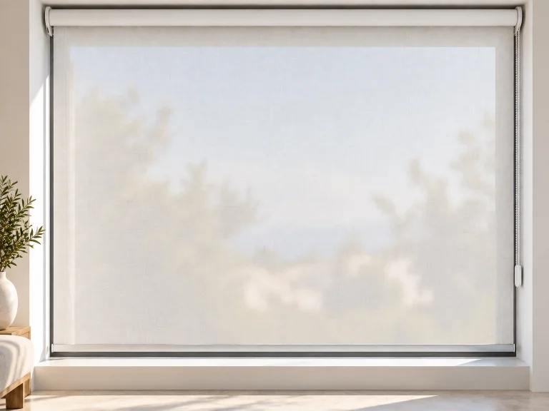 Estor enrollable de tejido translúcido bajado: luz difusa sin vista nítida del exterior