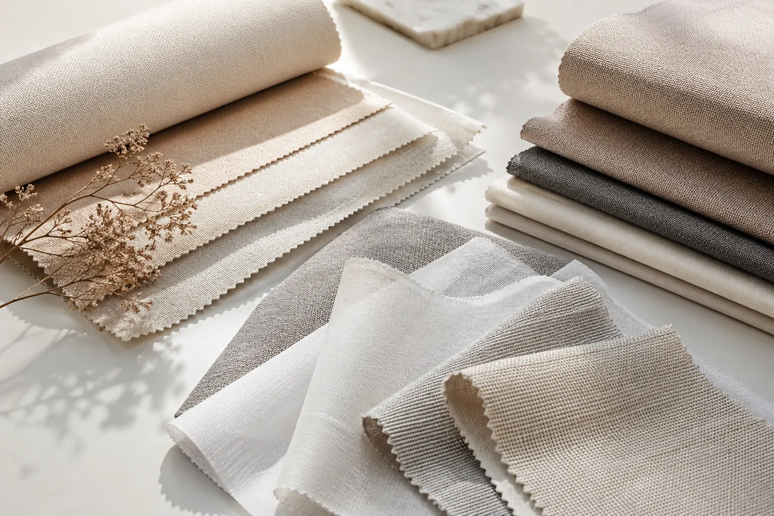 Muestras de tejidos para estores y cortinas sobre una mesa
