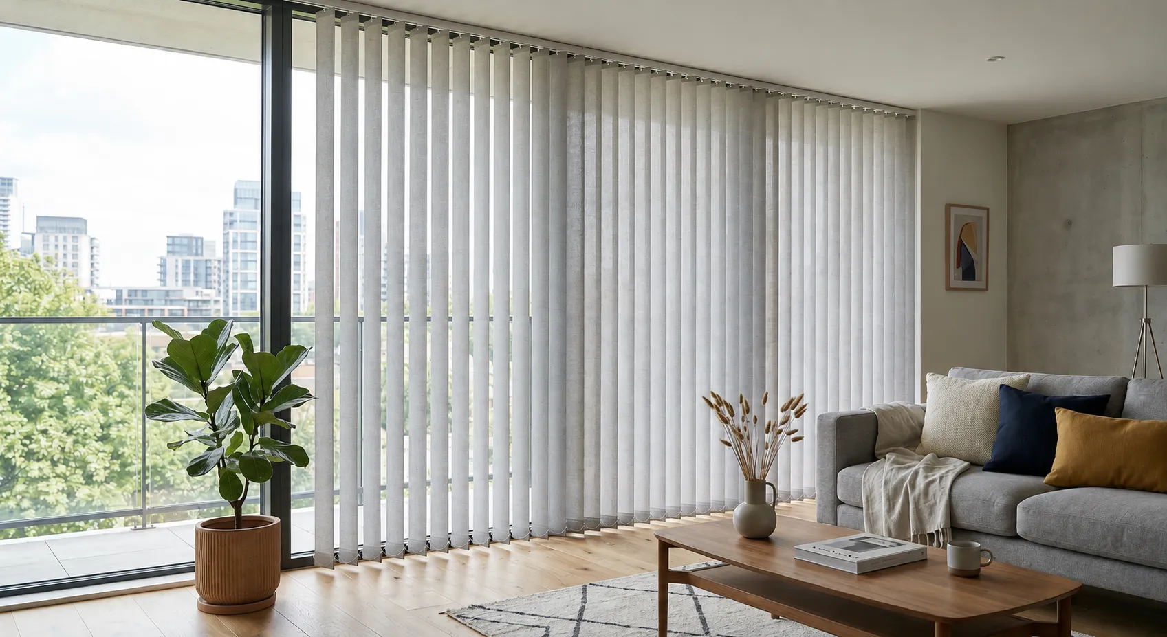 Cortinas verticales en un salón amplio junto a un ventanal